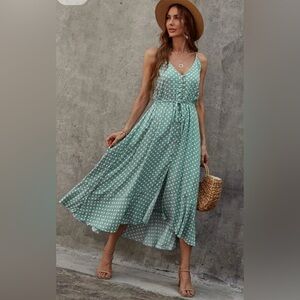 Green and White Feminine Flowy High Low Sundress